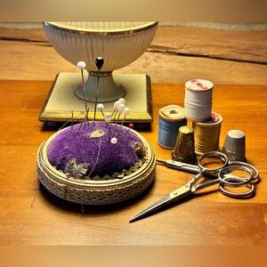 Vintage Handmade Purple Or Orange Velvet Sewing Pin Cushion Leaves Gold Trim